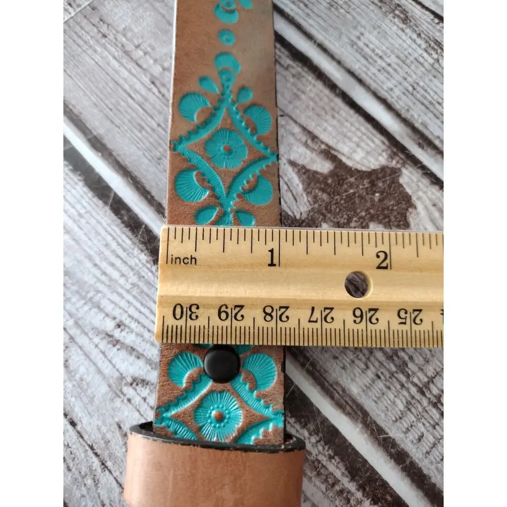 Justin Brown w/Teal Accent Tooled Leather Belt Silver-Tone Heart Buckle Women 26